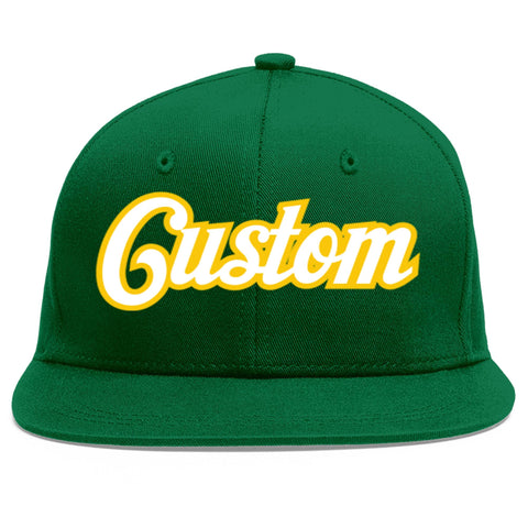 Custom Green White-Gold Flat Eaves Sport Baseball Cap