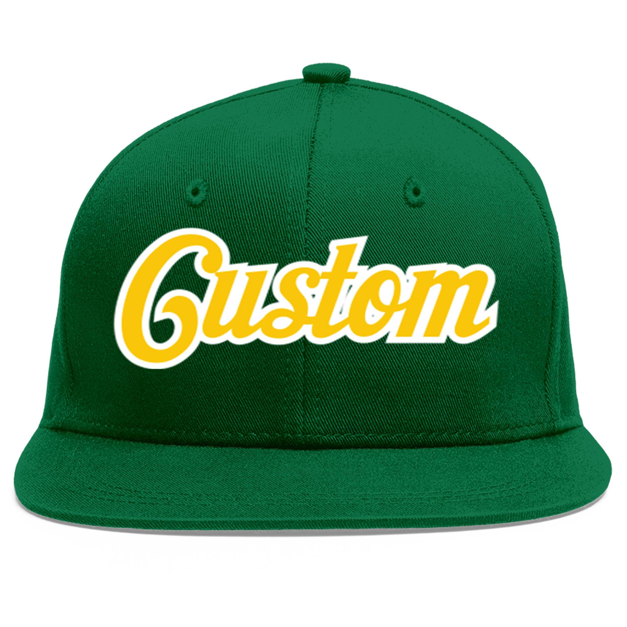 Casquette de baseball sport personnalisée vert or-blanc plat Eaves