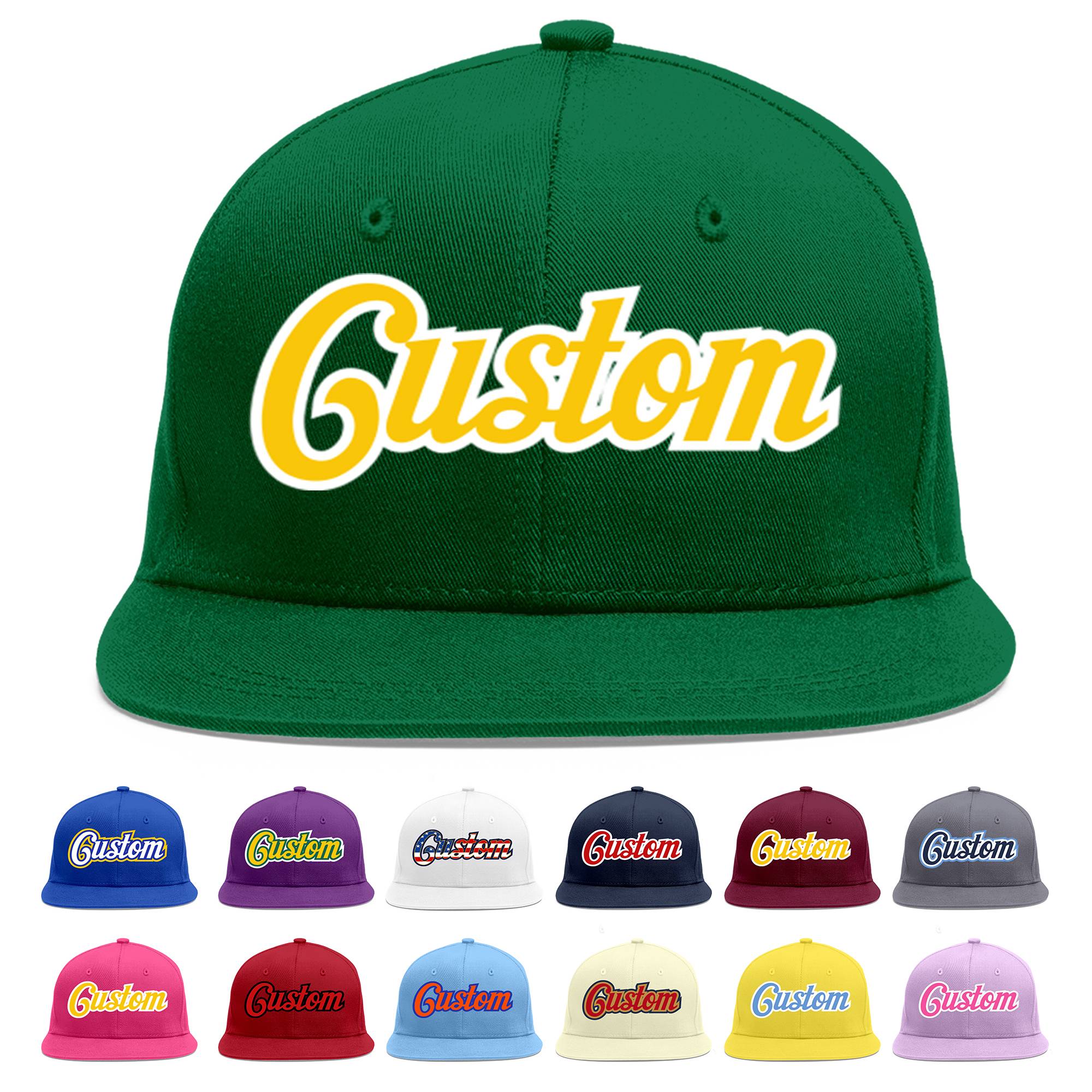 Casquette de baseball sport personnalisée vert or-blanc plat Eaves