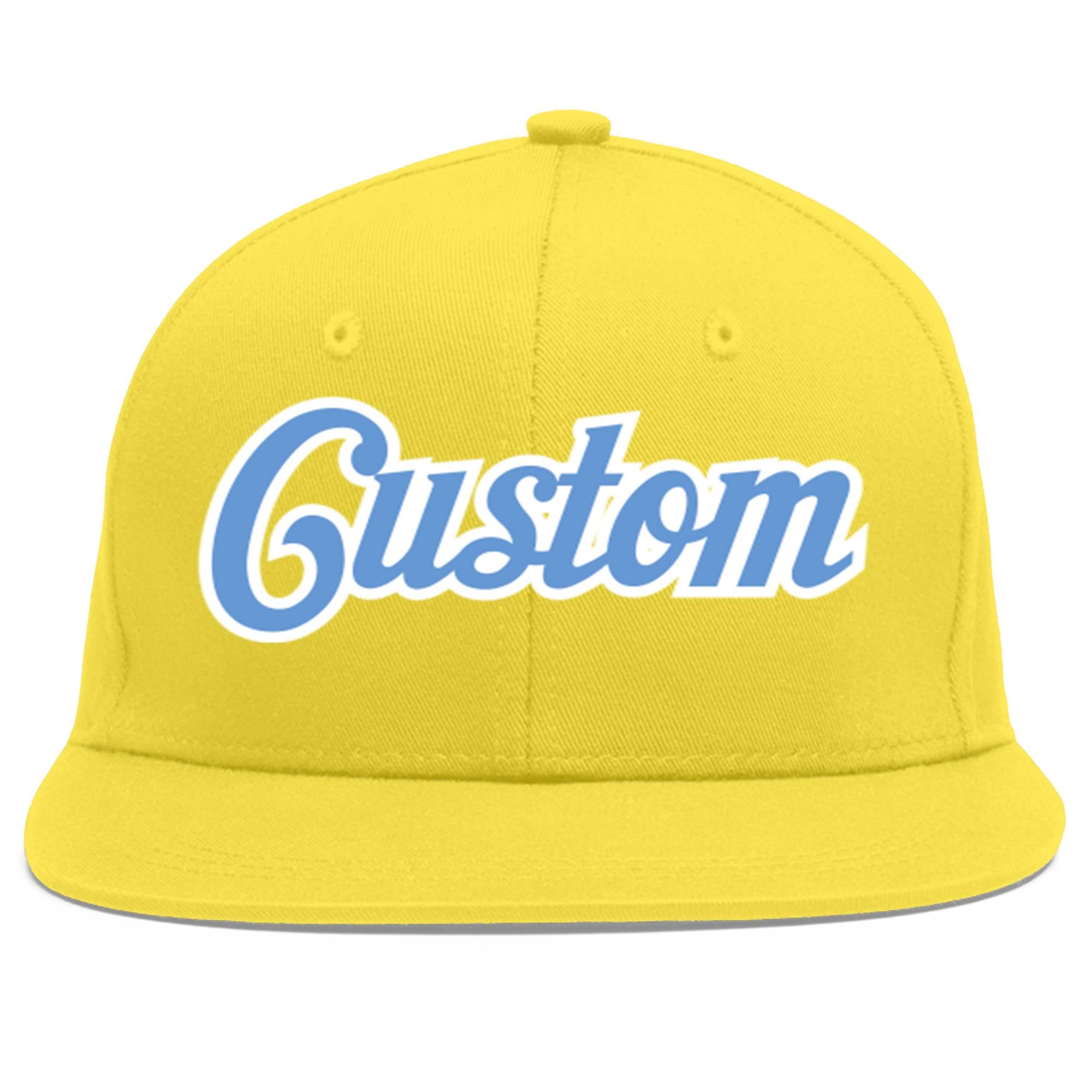 Custom Light Gold Light Blue-White Flat Eaves Sport Baseball Cap