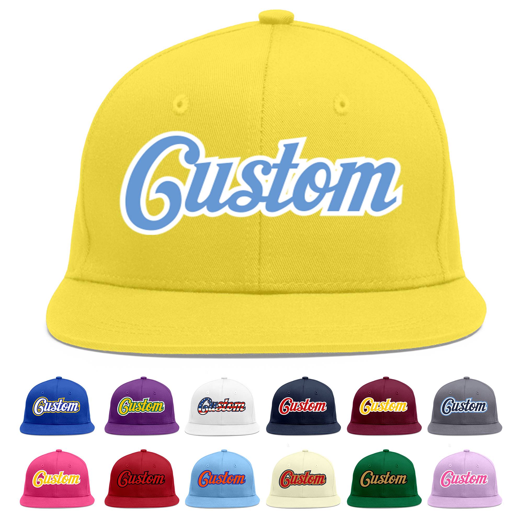 Custom Light Gold Light Blue-White Flat Eaves Sport Baseball Cap