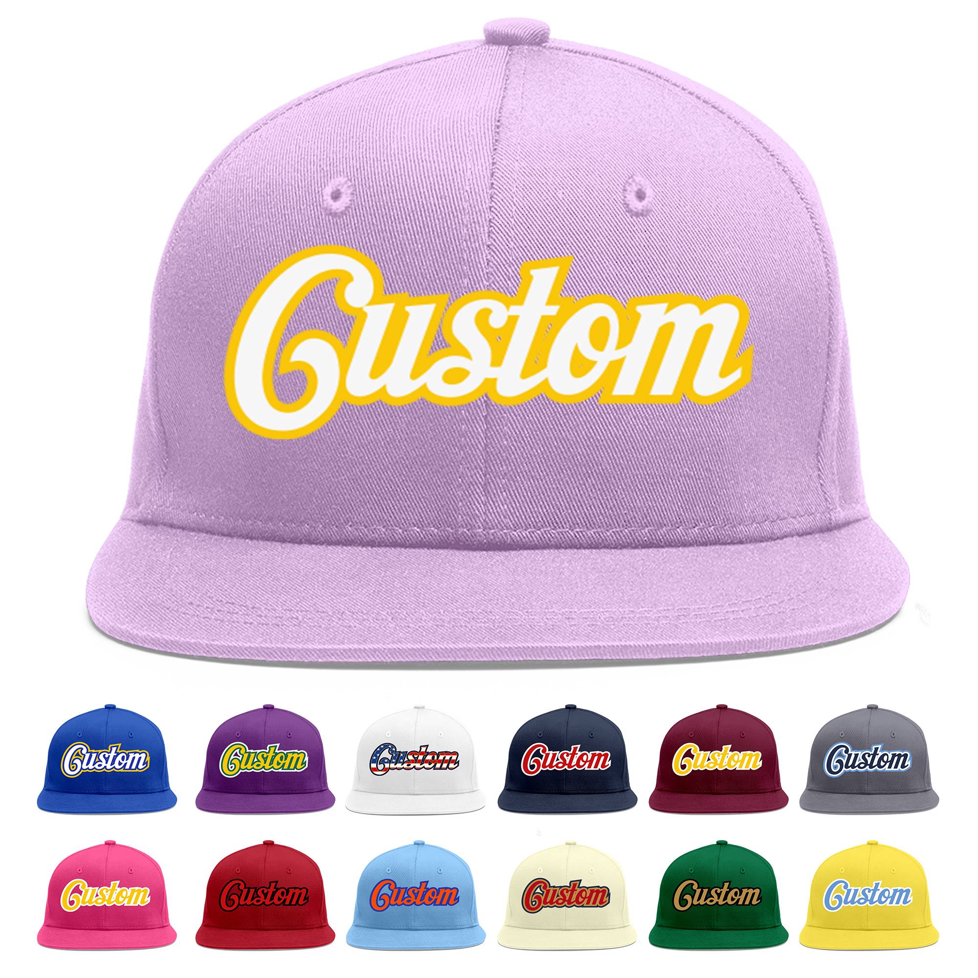 Custom Light Purple White-Gold Flat Eaves Sport Baseball Cap