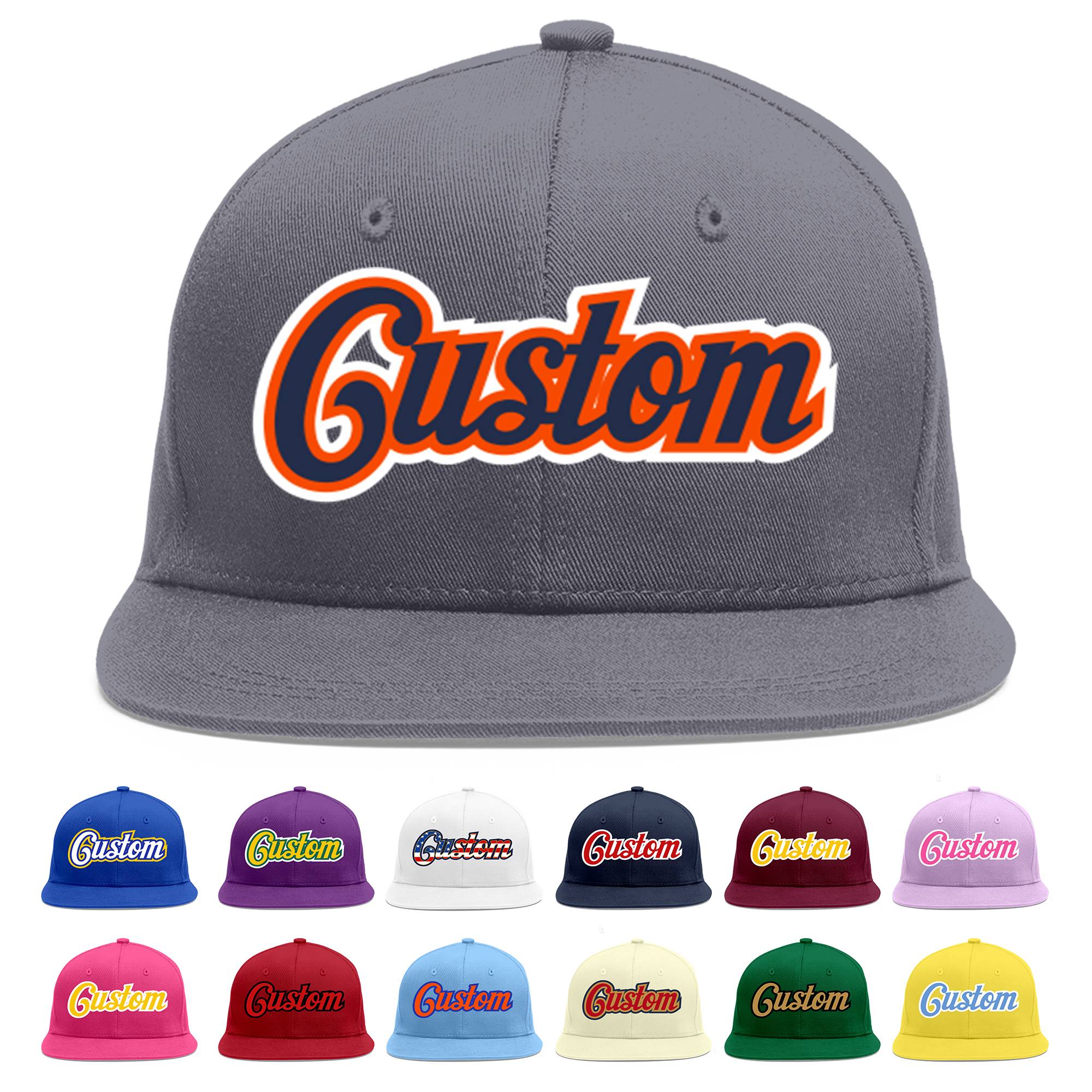 Custom Dark Gray Navy-Orange Flat Eaves Sport Baseball Cap