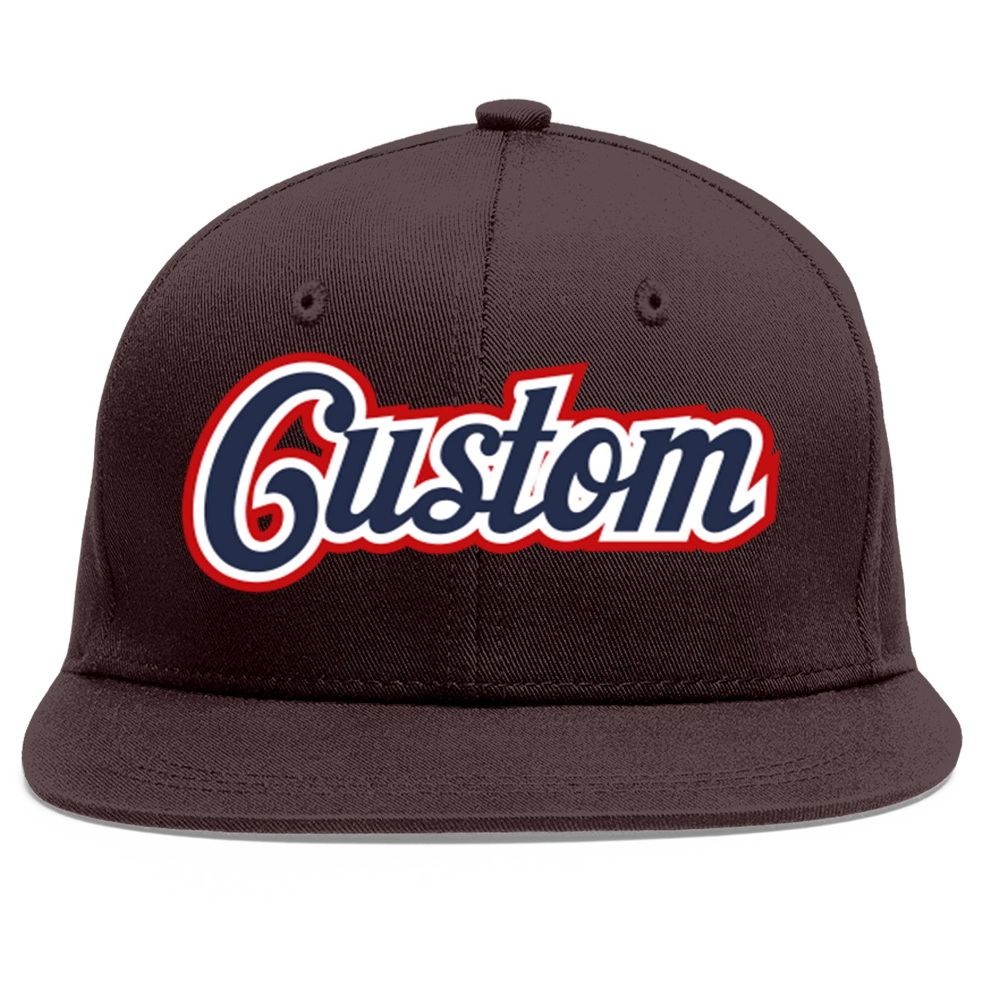 Custom Brown Navy-White Flat Eaves Sport Baseball Cap