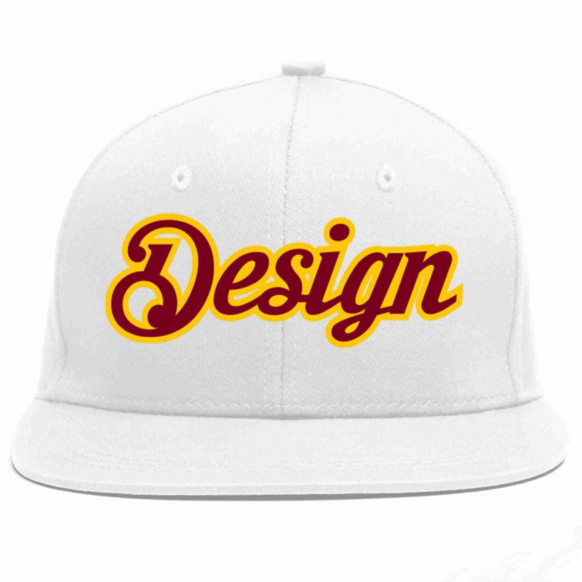 Custom White Crimson-Gold Flat Eaves Sport Baseball Cap Design for Men/Women/Youth