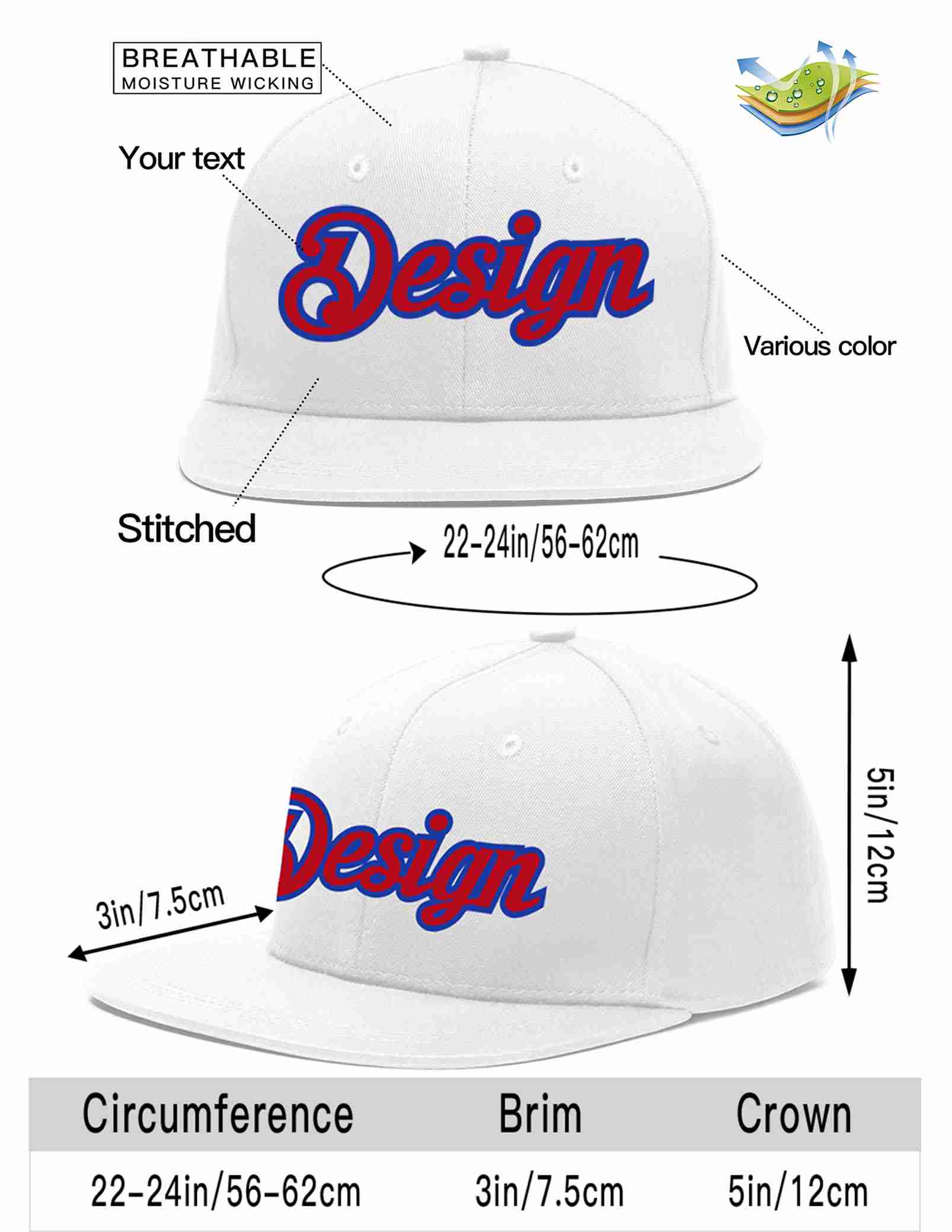 Custom White Red-Royal Flat Eaves Sport Baseball Cap Design for Men/Women/Youth