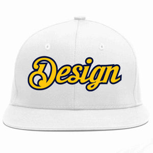 Custom White Gold-Navy Flat Eaves Sport Baseball Cap Design for Men/Women/Youth