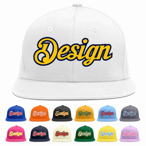 Custom White Gold-Navy Flat Eaves Sport Baseball Cap Design for Men/Women/Youth