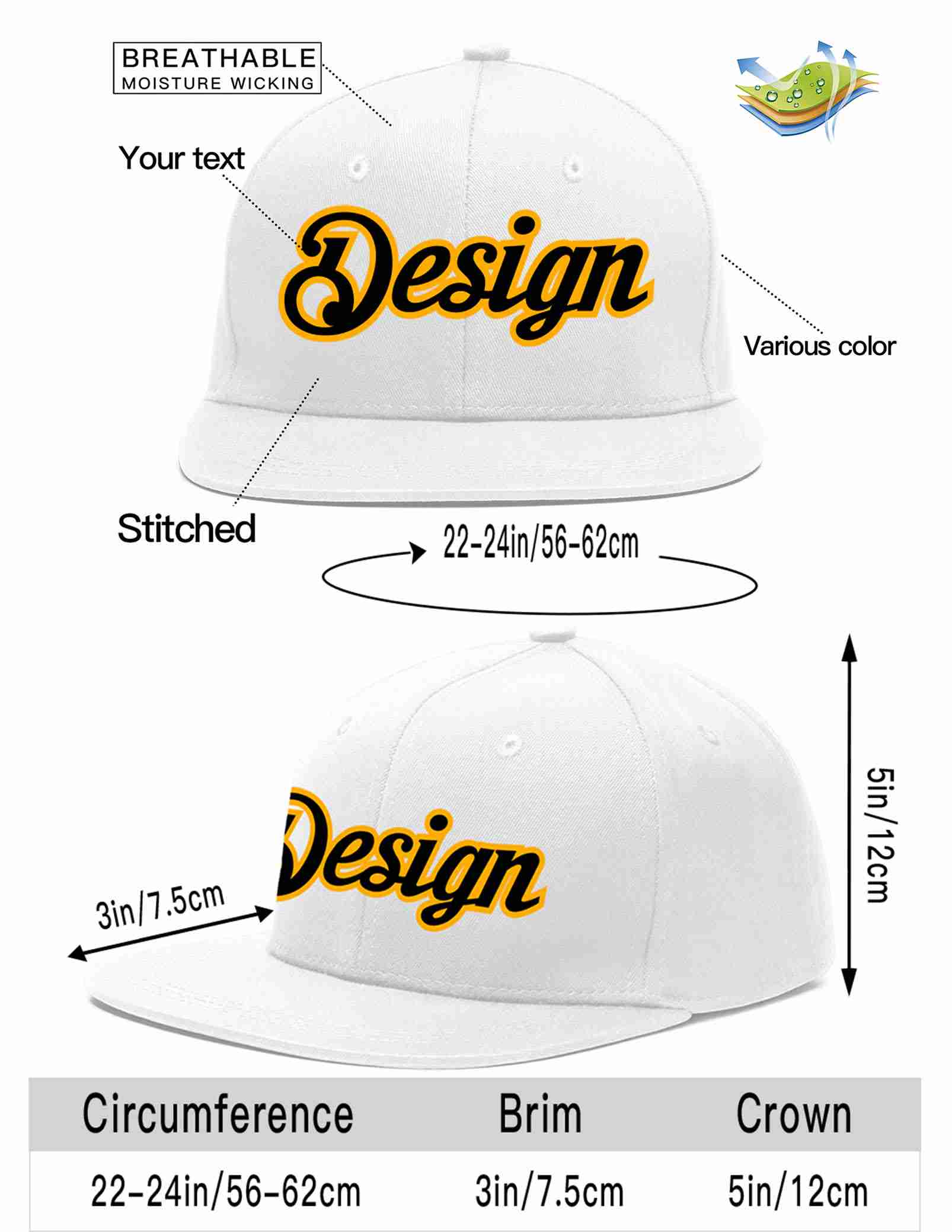 Conception personnalisée de casquette de baseball de sport à avant-toit plat blanc noir-jaune pour hommes/femmes/jeunes