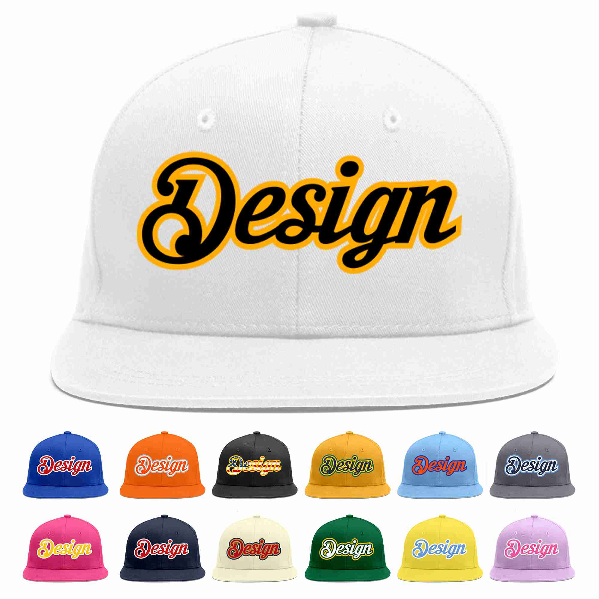 Conception personnalisée de casquette de baseball de sport à avant-toit plat blanc noir-jaune pour hommes/femmes/jeunes