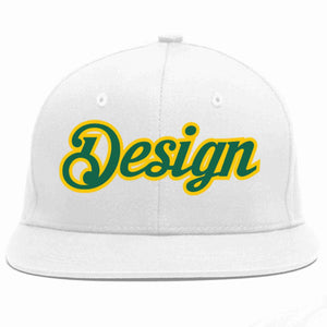 Custom White Kelly Green-Gold Flat Eaves Sport Baseball Cap Design for Men/Women/Youth