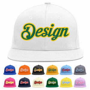 Custom White Kelly Green-Gold Flat Eaves Sport Baseball Cap Design for Men/Women/Youth