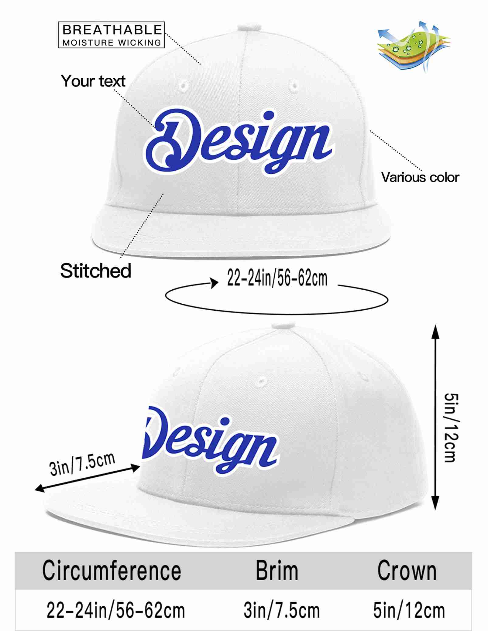 Custom White Royal-White Flat Eaves Sport Baseball Cap Design for Men/Women/Youth