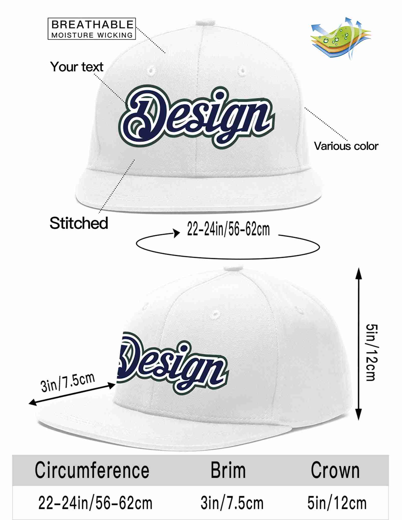 Conception personnalisée de casquette de baseball de sport à avant-toit plat blanc marine-blanc pour hommes/femmes/jeunes