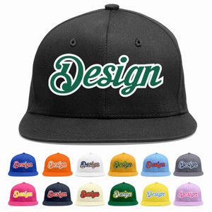 Casquette de baseball personnalisée noire Kelly vert-blanc avec avant-toit plat pour hommes/femmes/jeunes