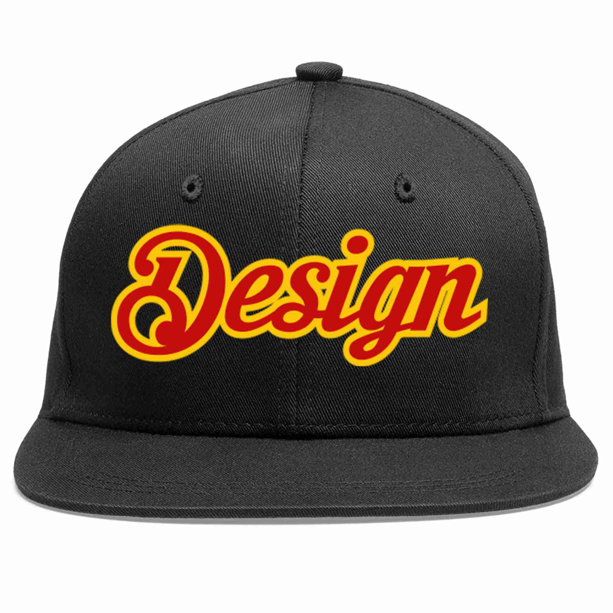 Conception personnalisée de casquette de baseball de sport à avant-toit plat noir rouge-jaune pour hommes/femmes/jeunes