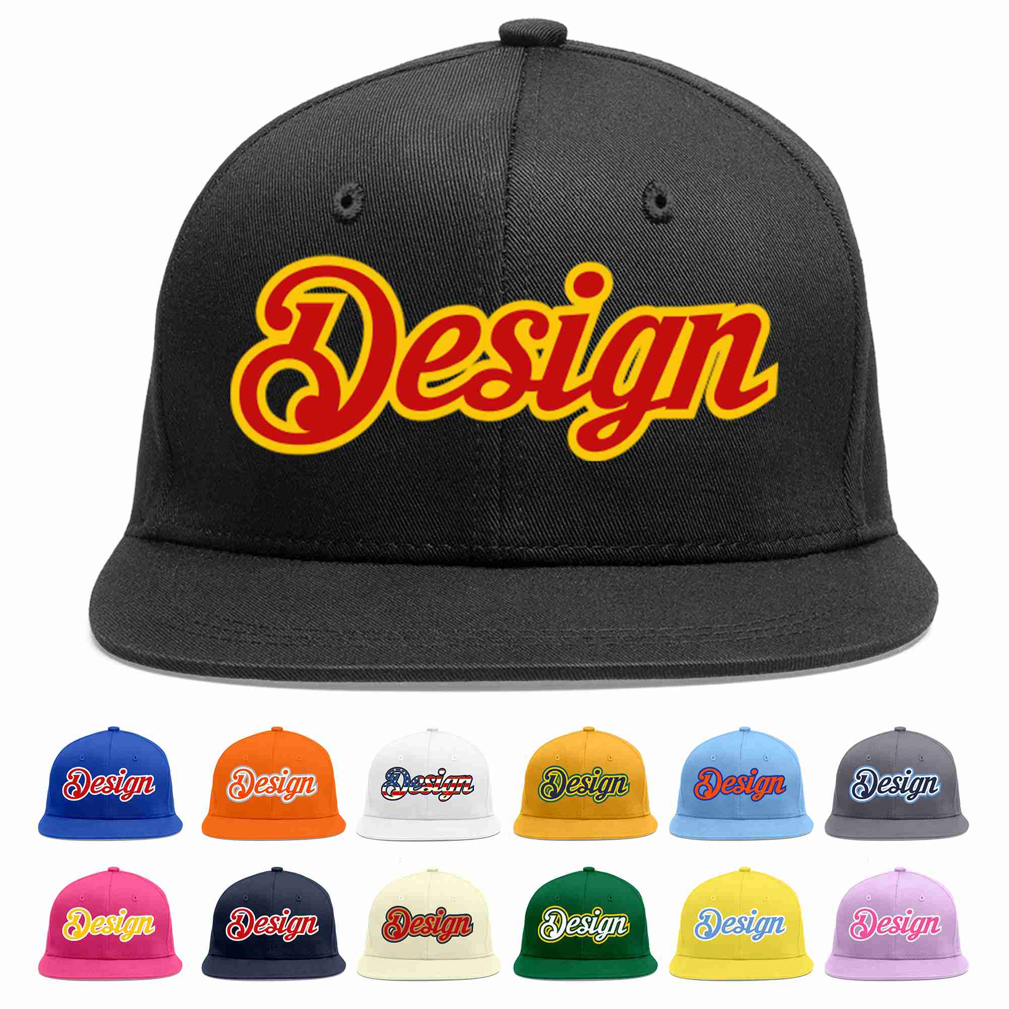 Conception personnalisée de casquette de baseball de sport à avant-toit plat noir rouge-jaune pour hommes/femmes/jeunes