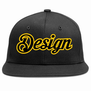 Custom Black Black-Gold Flat Eaves Sport Baseball Cap Design for Men/Women/Youth