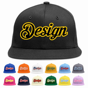 Custom Black Black-Gold Flat Eaves Sport Baseball Cap Design for Men/Women/Youth