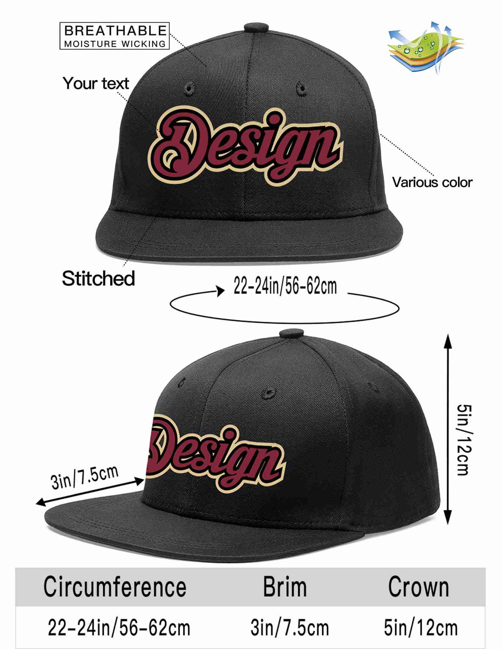 Custom Black Crimson-Black Flat Eaves Sport Baseball Cap Design for Men/Women/Youth