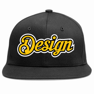 Custom Black Gold-Black Flat Eaves Sport Baseball Cap Design for Men/Women/Youth