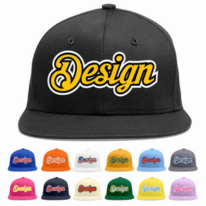 Custom Black Gold-Black Flat Eaves Sport Baseball Cap Design for Men/Women/Youth