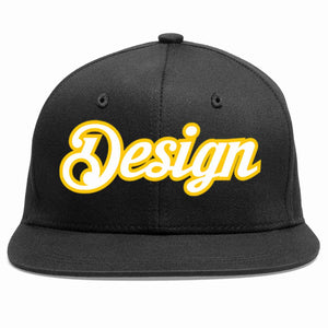 Custom Black White-Gold Flat Eaves Sport Baseball Cap Design for Men/Women/Youth