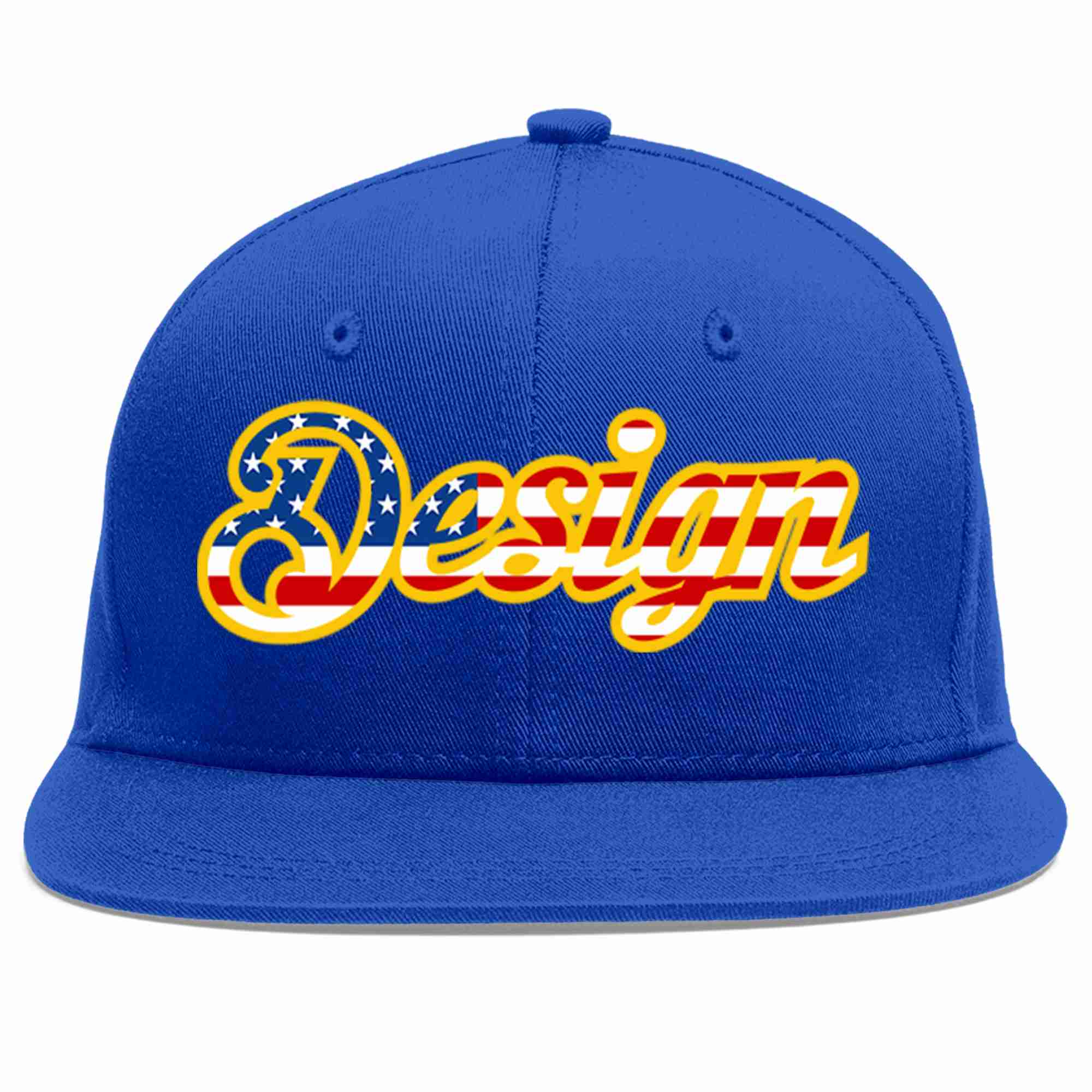 Casquette de baseball personnalisée Royal USA-Gold Flat Eaves Sport pour hommes/femmes/jeunes