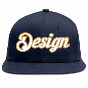 Custom Navy White-Old Gold Flat Eaves Sport Baseball Cap Design for Men/Women/Youth