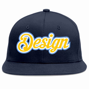 Custom Navy Gold-White Flat Eaves Sport Baseball Cap Design for Men/Women/Youth