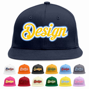 Custom Navy Gold-White Flat Eaves Sport Baseball Cap Design for Men/Women/Youth