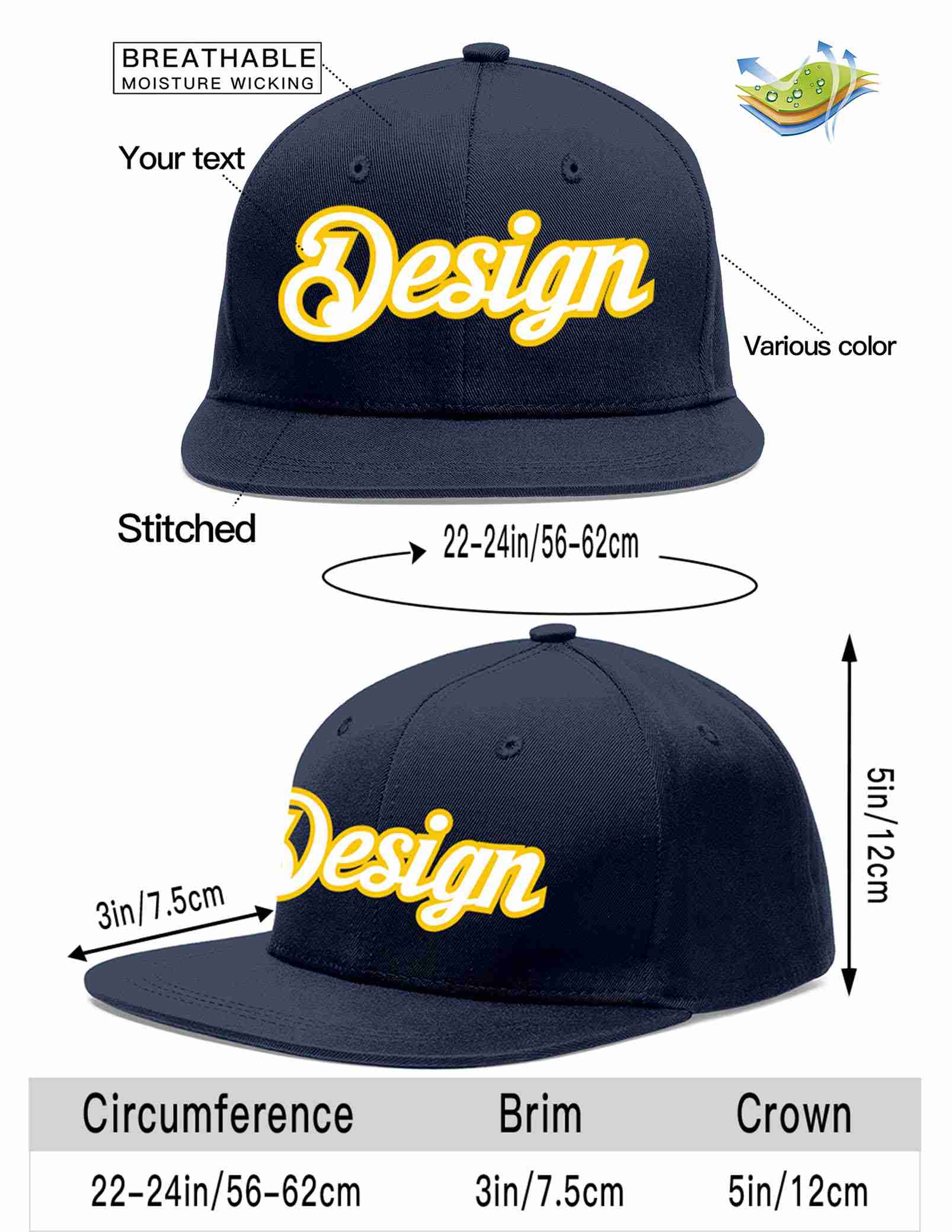 Custom Navy White-Gold Flat Eaves Sport Baseball Cap Design for Men/Women/Youth