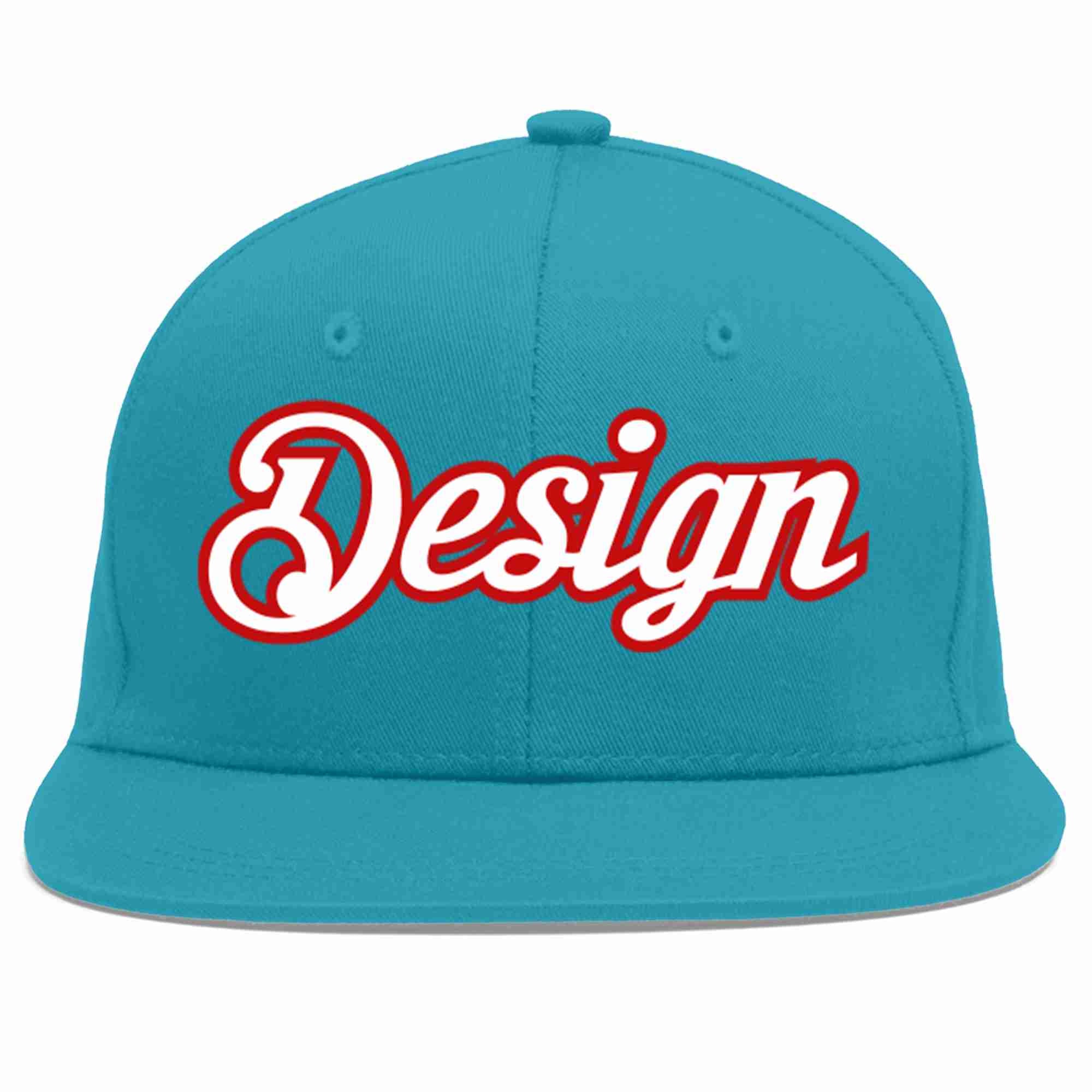 Custom Aqua White-Red Flat Eaves Sport Baseball Cap Design for Men/Women/Youth