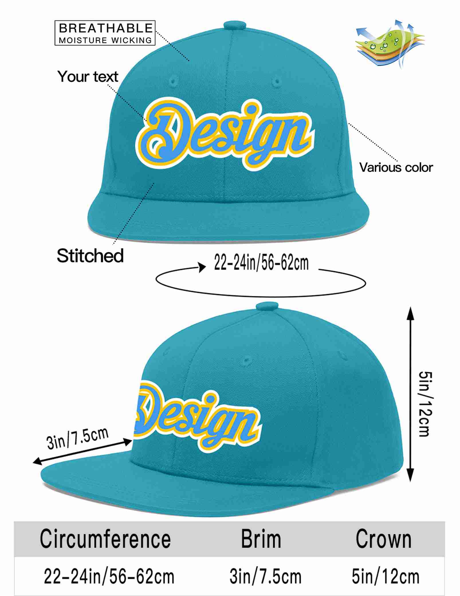 Casquette de baseball personnalisée Aqua Powder Blue-Gold Flat Eaves Sport pour hommes/femmes/jeunes