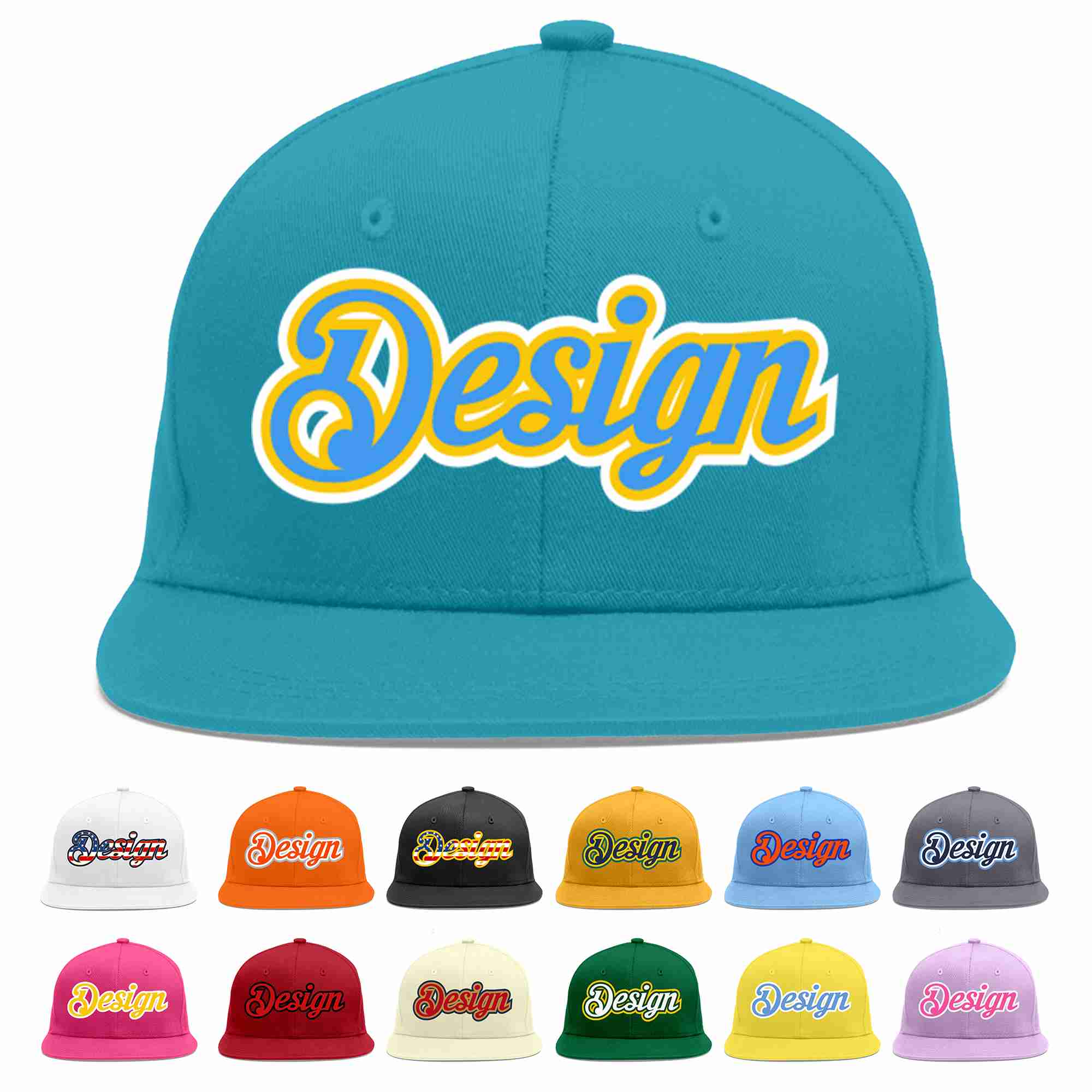 Custom Aqua Powder Blue-Gold Flat Eaves Sport Baseball Cap Design for Men/Women/Youth