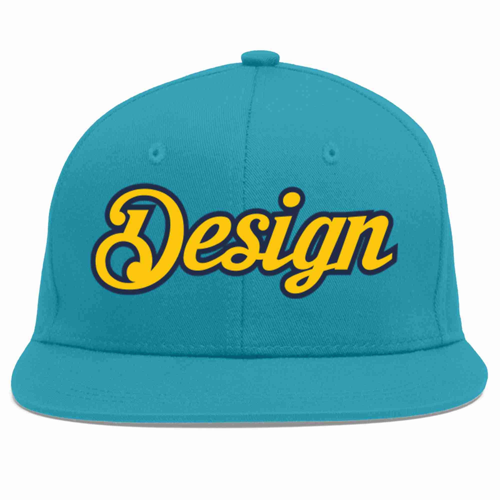 Casquette de baseball personnalisée Aqua Gold-Navy Flat Eaves Sport pour hommes/femmes/jeunes