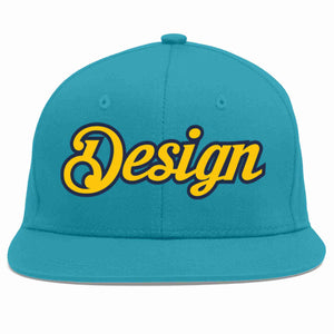 Custom Aqua Gold-Navy Flat Eaves Sport Baseball Cap Design for Men/Women/Youth