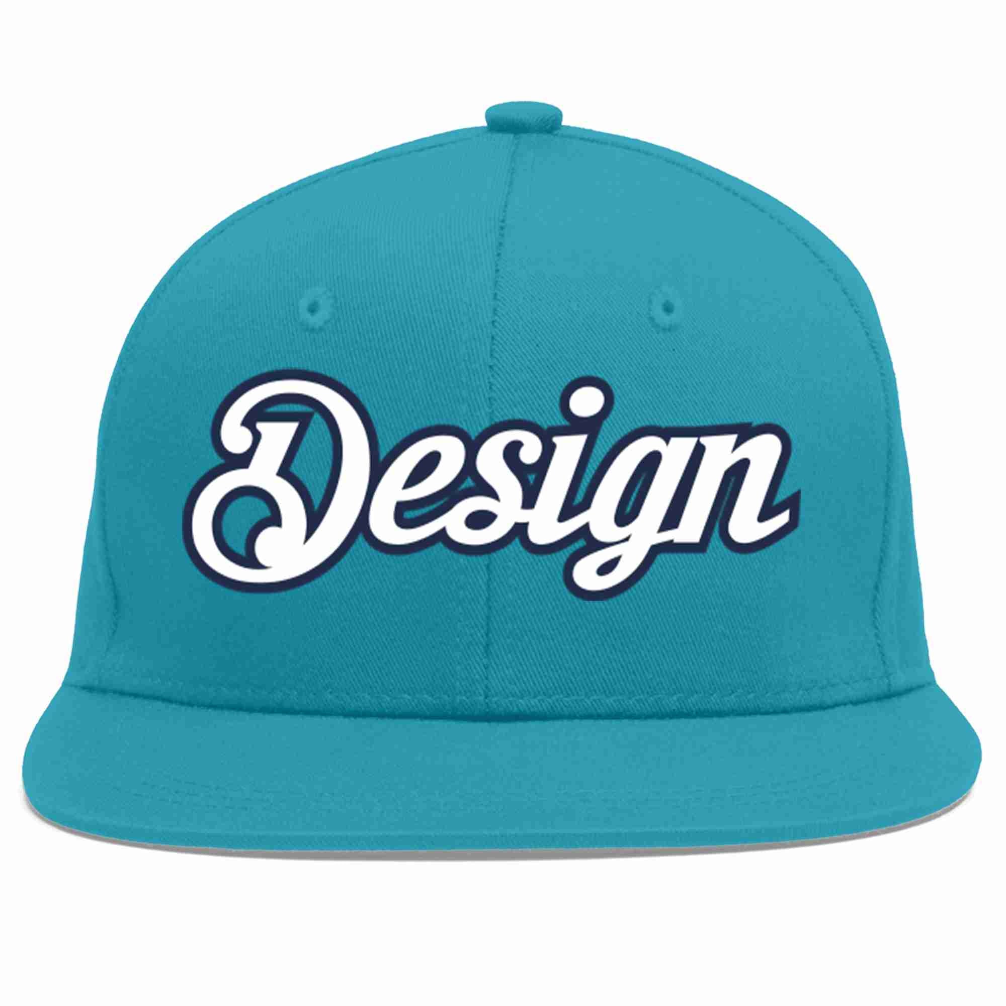 Custom Aqua White-Navy Flat Eaves Sport Baseball Cap Design for Men/Women/Youth