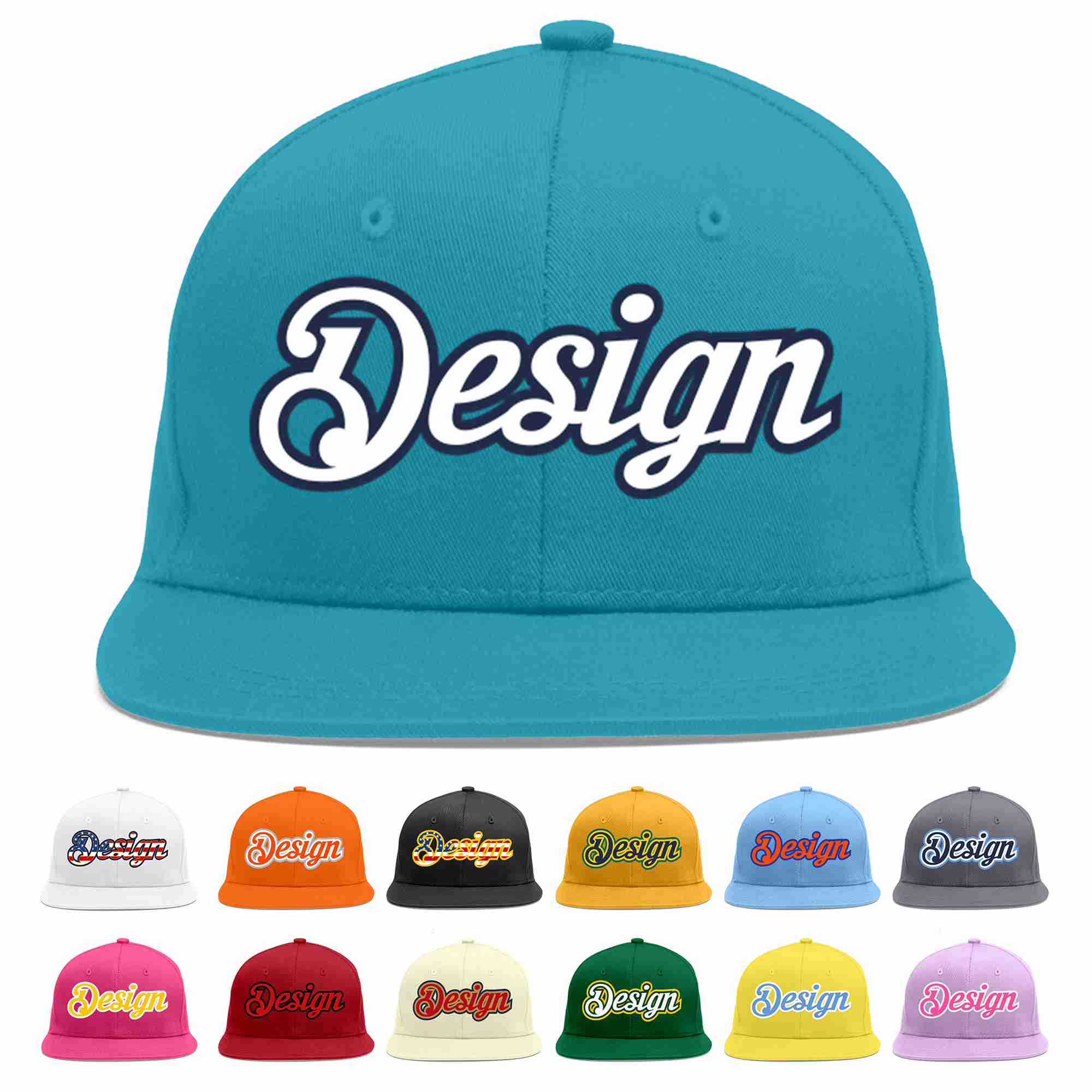 Custom Aqua White-Navy Flat Eaves Sport Baseball Cap Design for Men/Women/Youth