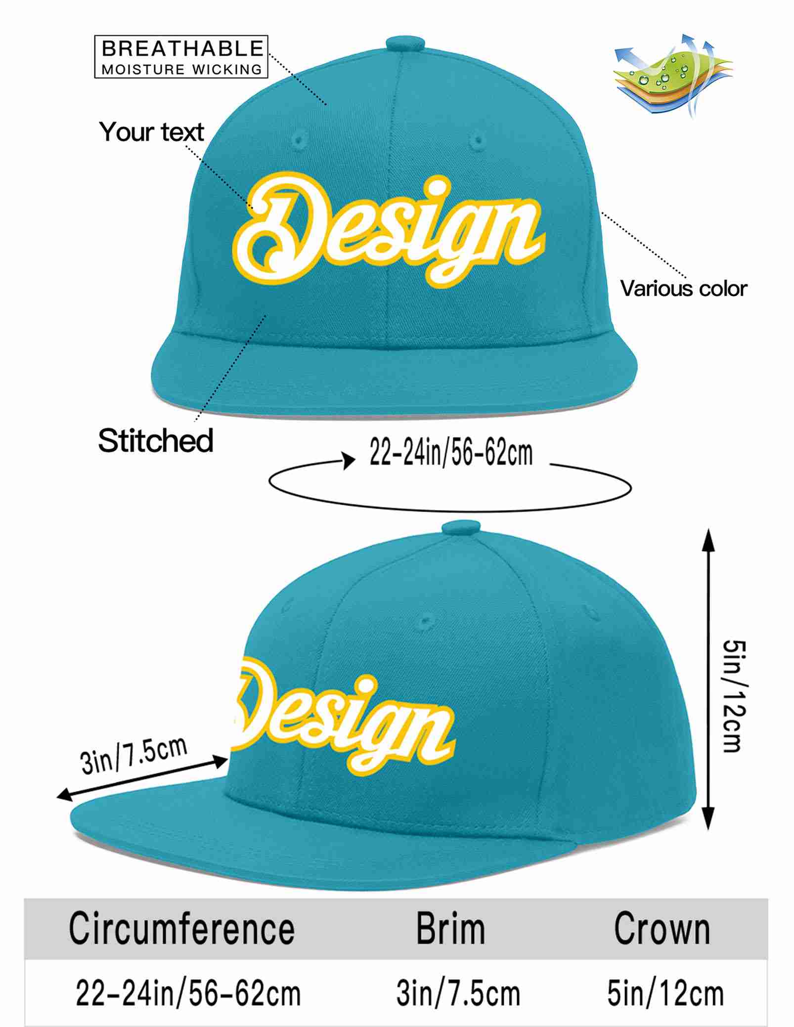 Custom Aqua White-Gold Flat Eaves Sport Baseball Cap Design for Men/Women/Youth