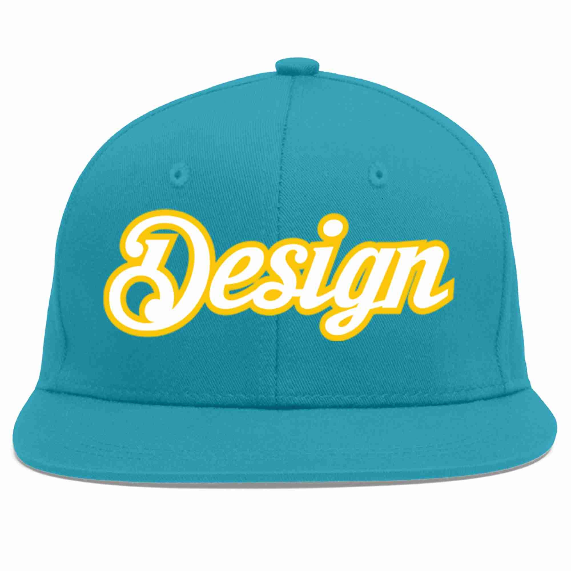 Custom Aqua White-Gold Flat Eaves Sport Baseball Cap Design for Men/Women/Youth