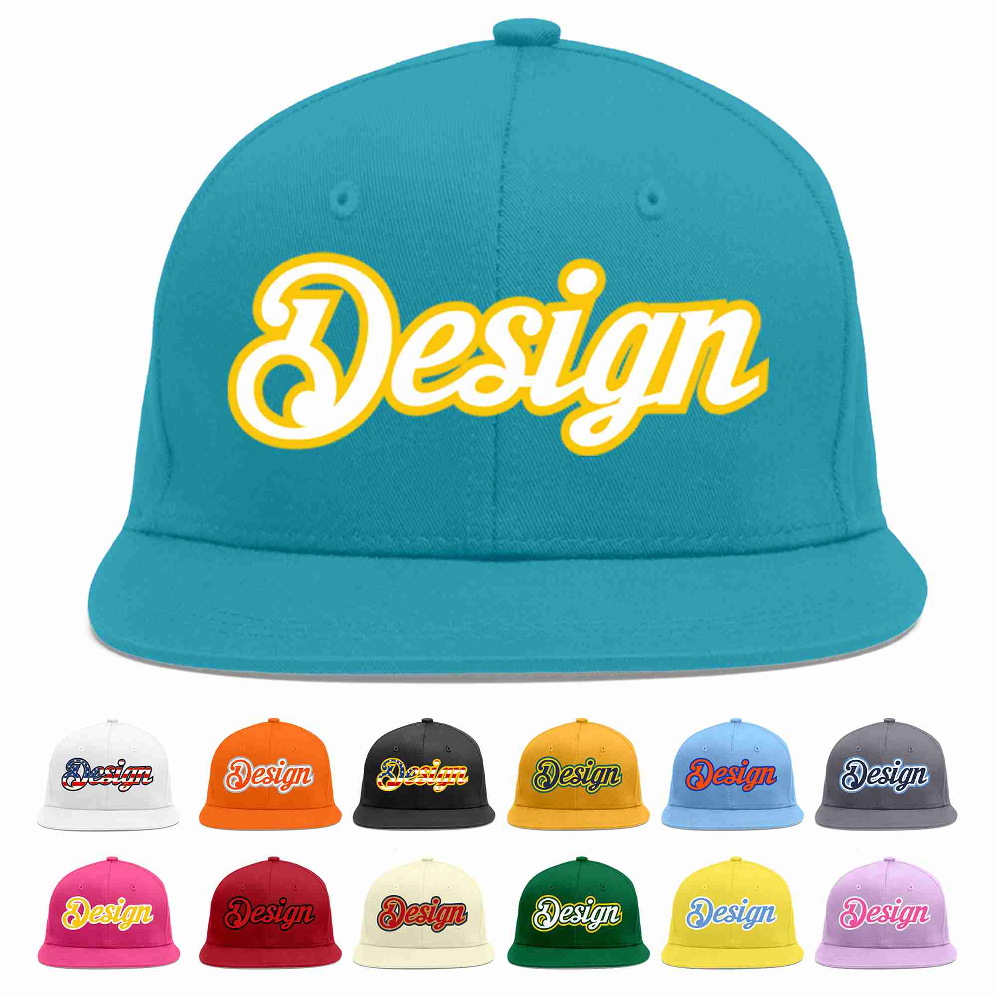 Custom Aqua White-Gold Flat Eaves Sport Baseball Cap Design for Men/Women/Youth