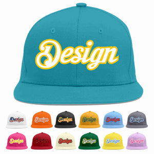 Custom Aqua White-Gold Flat Eaves Sport Baseball Cap Design for Men/Women/Youth