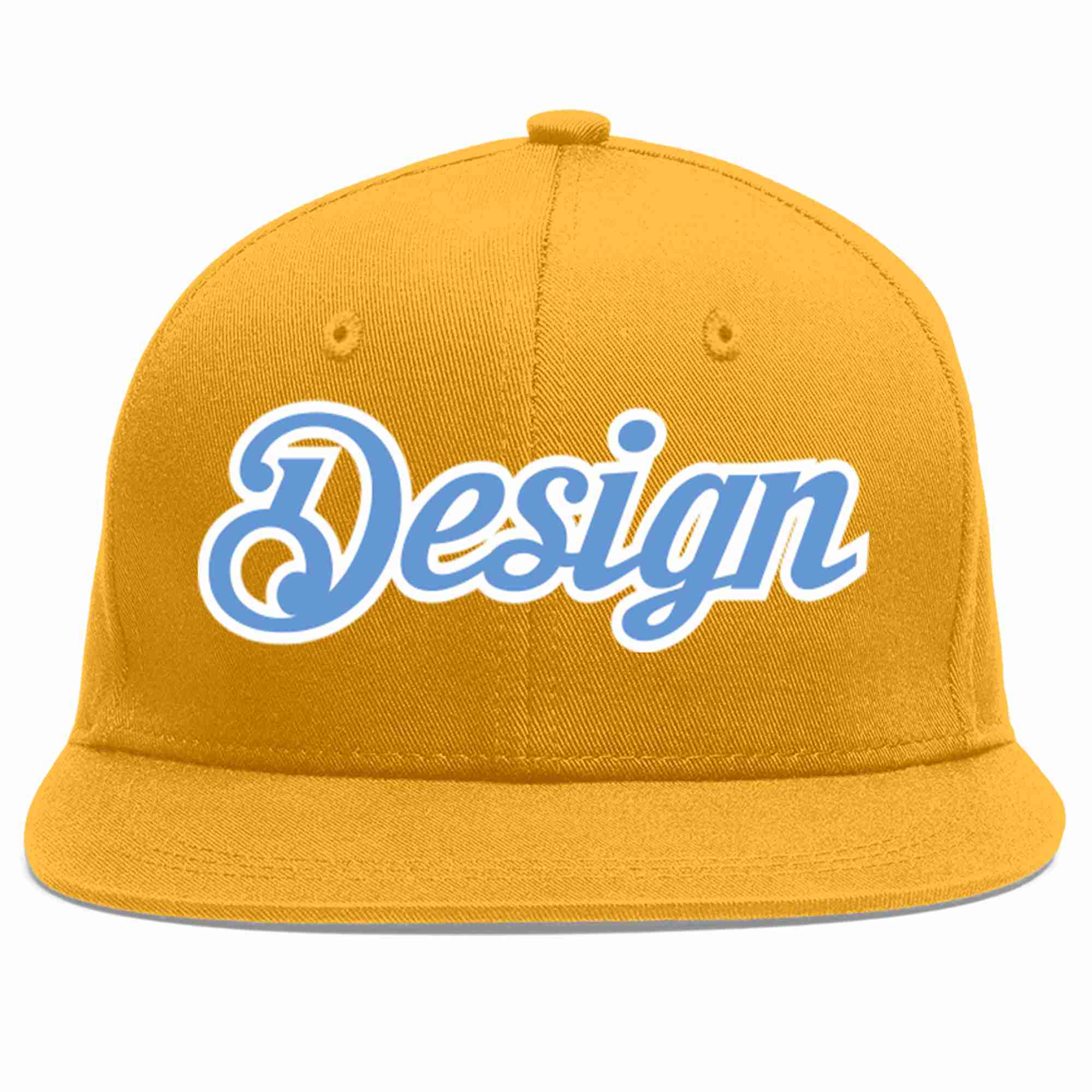 Custom Gold Light Blue-White Flat Eaves Sport Baseball Cap Design for Men/Women/Youth