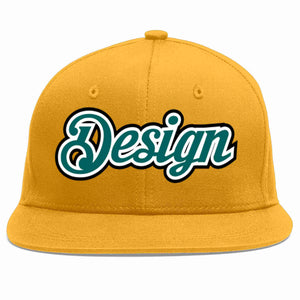 Custom Gold Aqua-White Flat Eaves Sport Baseball Cap Design for Men/Women/Youth