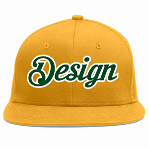 Conception personnalisée de casquette de baseball de sport à avant-toit plat vert-blanc doré pour hommes/femmes/jeunes