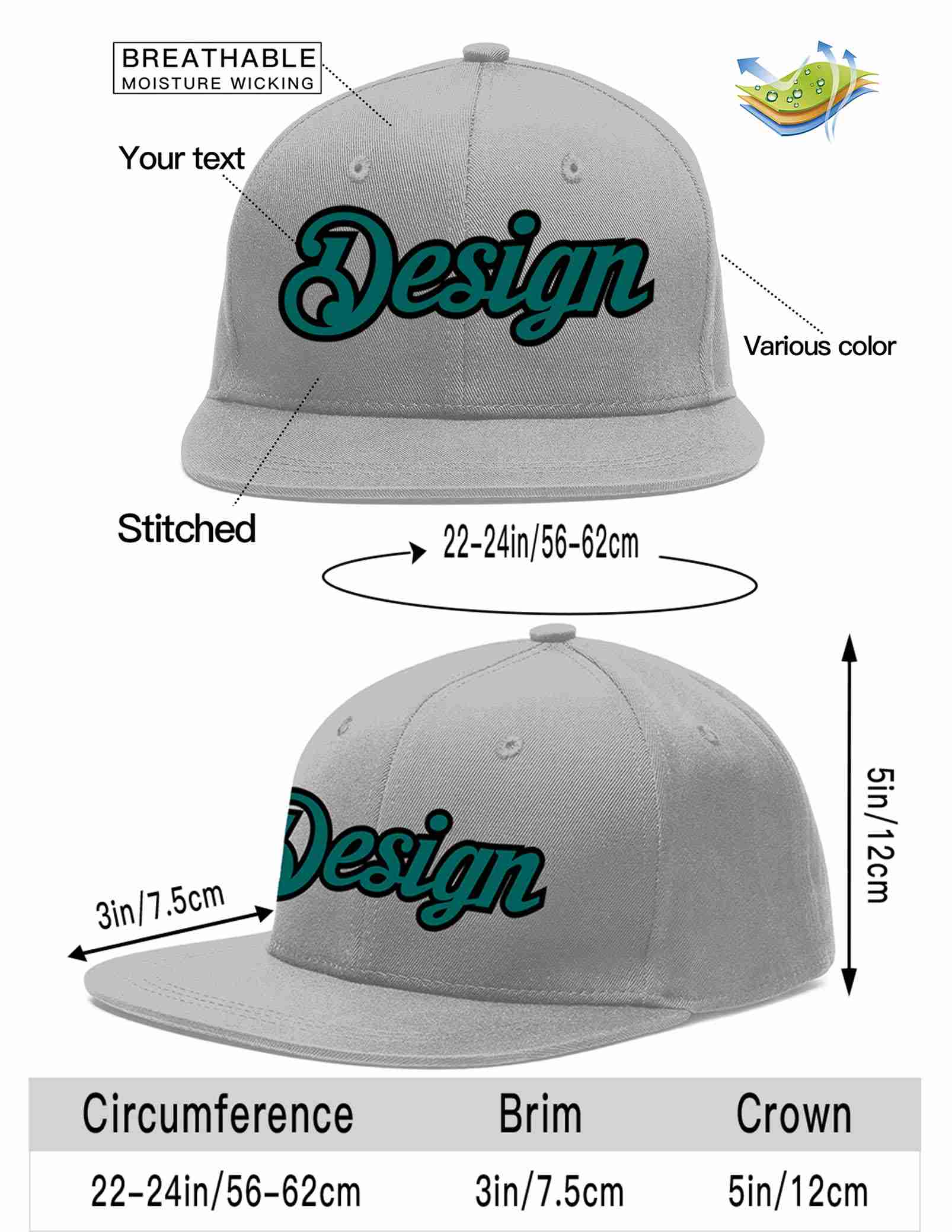 Custom Gray Aqua-Black Flat Eaves Sport Baseball Cap Design for Men/Women/Youth