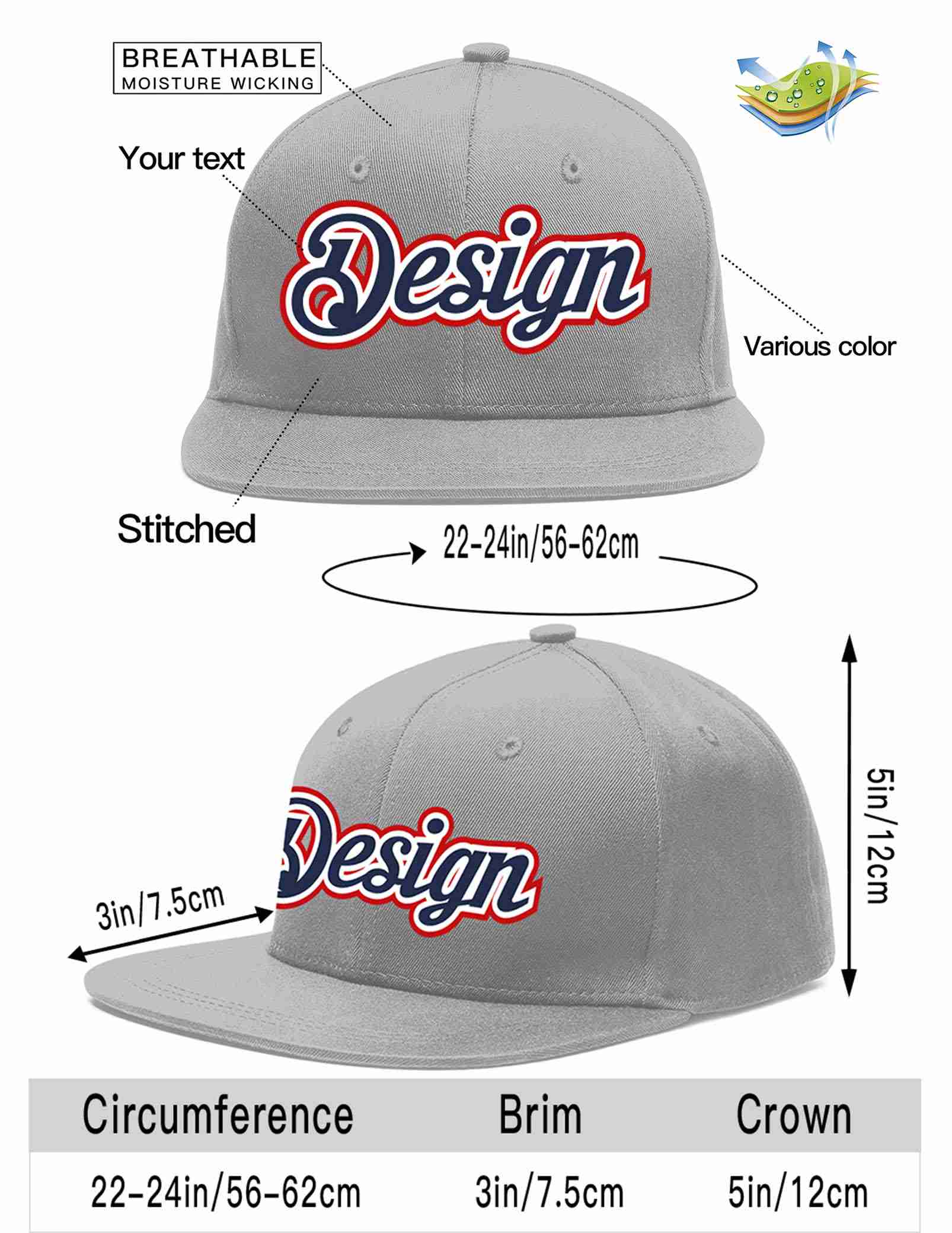 Custom Gray Navy-White Flat Eaves Sport Baseball Cap Design for Men/Women/Youth