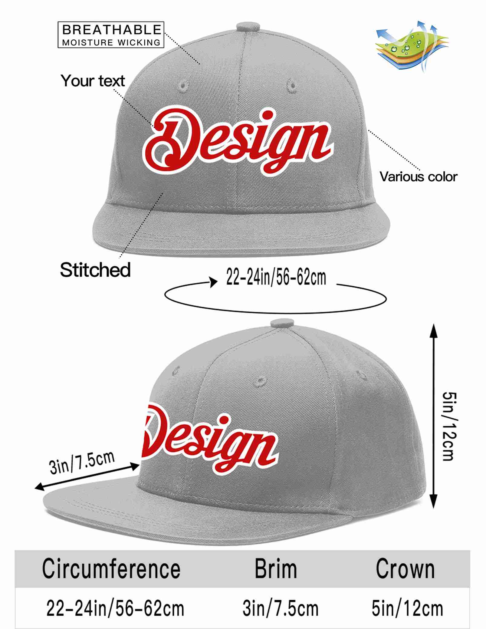 Custom Gray Red-White Flat Eaves Sport Baseball Cap Design for Men/Women/Youth