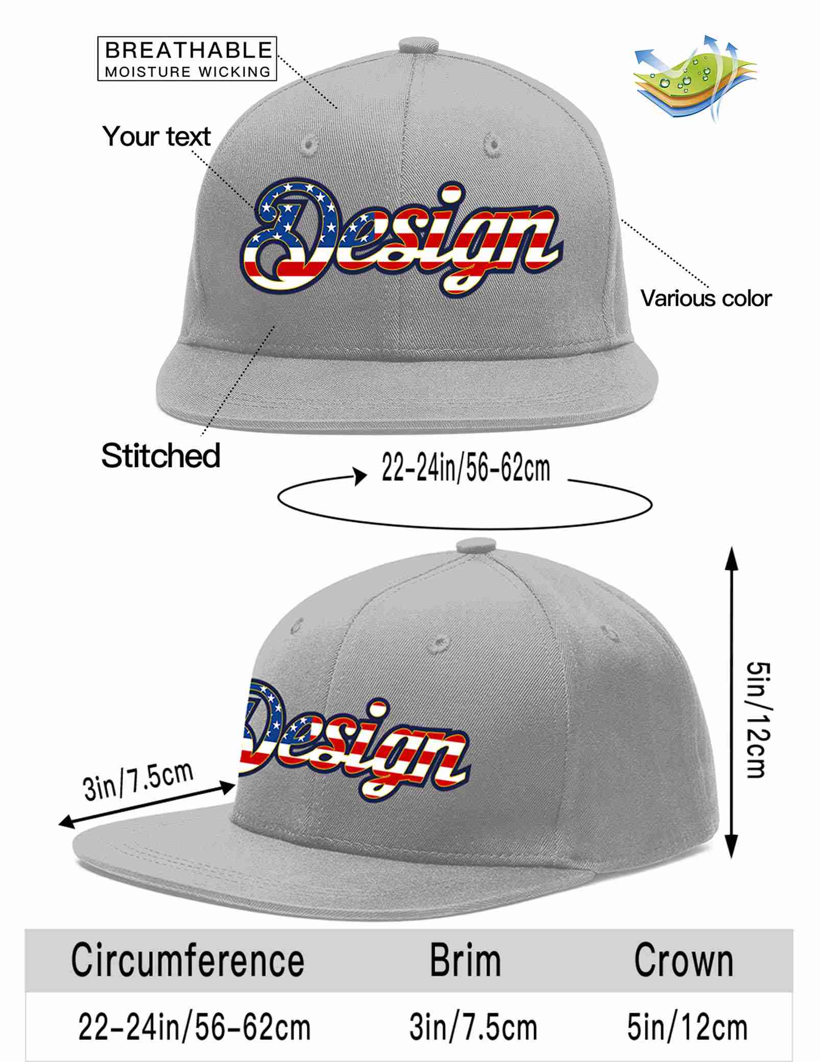 Custom Gray Vintage USA Flag-Gold Flat Eaves Sport Baseball Cap Design for Men/Women/Youth